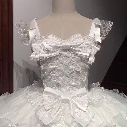 White A-Line Spaghetti Straps Birthday Dress Lace Bows Tiered Tulle Homecoming Dress AP3246