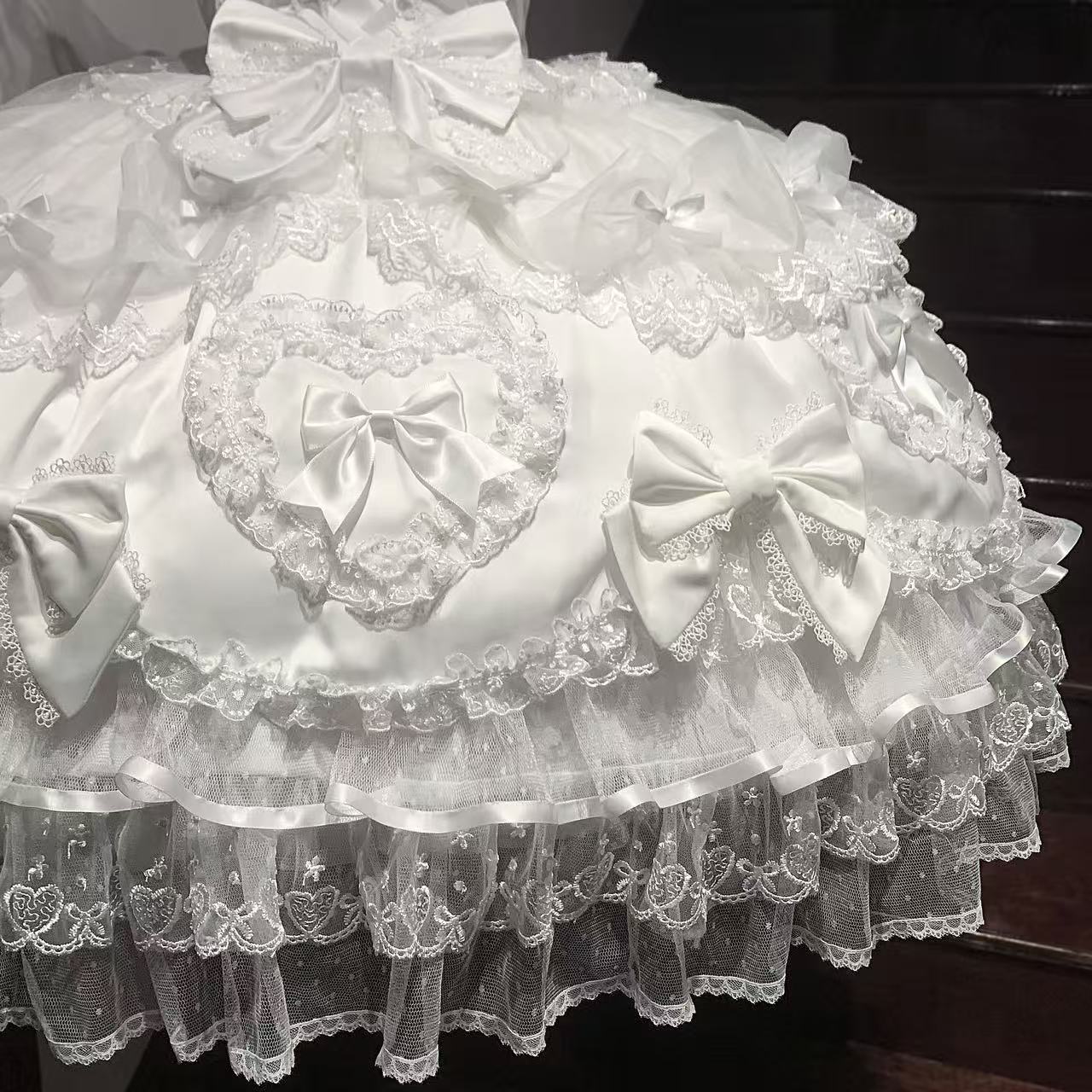 White A-Line Spaghetti Straps Birthday Dress Lace Bows Tiered Tulle Homecoming Dress AP3246