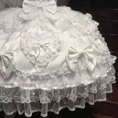 White A-Line Spaghetti Straps Birthday Dress Lace Bows Tiered Tulle Homecoming Dress AP3246