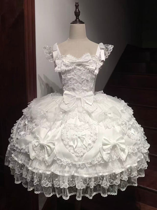White A-Line Spaghetti Straps Birthday Dress Lace Bows Tiered Tulle Homecoming Dress AP3246