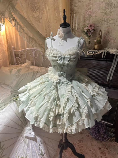 Cute A-Line Spaghetti Straps Birthday Dress Handmade Flowers Lace Bows Tiered Homecoming Dress AP3256