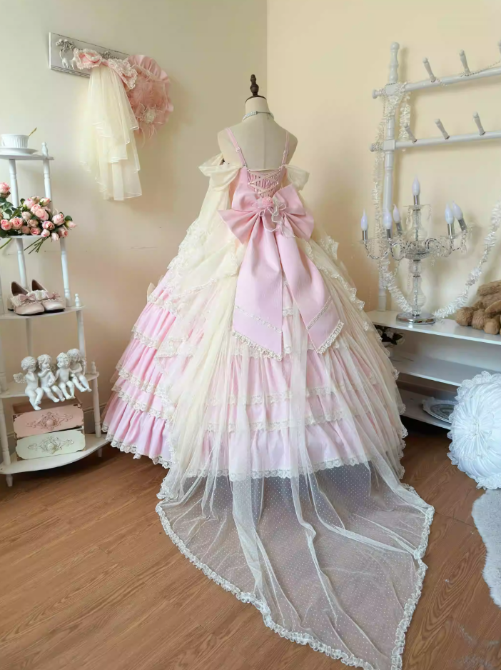 Vintage A-Line Spaghetti Strap Tulle Prom Dress Long Sleeve Bows Handmade Flowers Beading Lace Evening Dresses AP3258