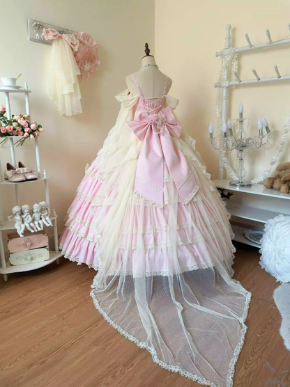 Vintage A-Line Spaghetti Strap Tulle Prom Dress Long Sleeve Bows Handmade Flowers Beading Lace Evening Dresses AP3258