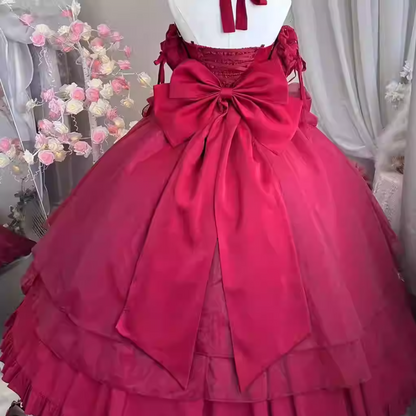 Dreamy Halter Neck A-Line Evening Gowns Red Floral Bows Jacquard Prom Dress AP3260