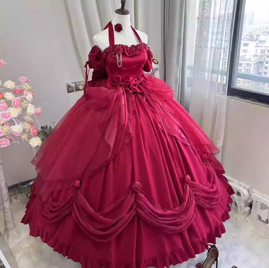 Dreamy Halter Neck A-Line Evening Gowns Red Floral Bows Jacquard Prom Dress AP3260