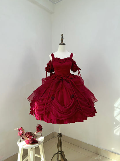 Ethereal A-Line Spaghetti Straps Red Birthday Dress Bows 3D Floral Homecoming Dress AP3261