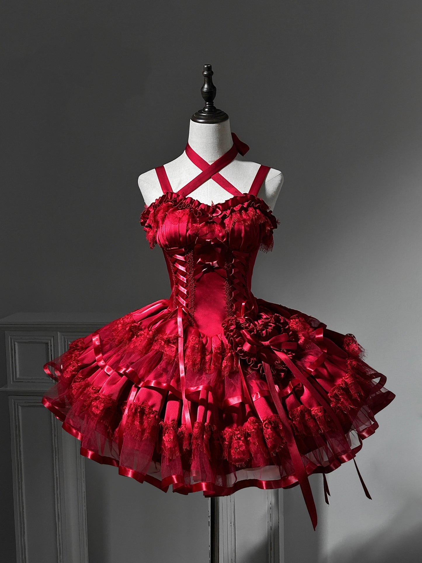 Glamorous A-Line Spaghetti Straps Ruffled Birthday Dress Bows Lace Tiered Red Homecoming Dress AP3265