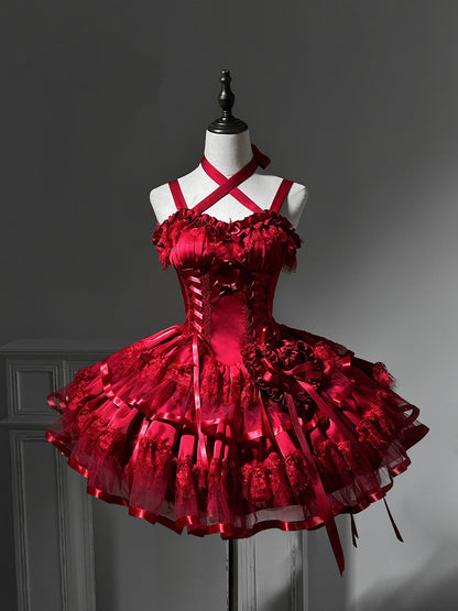 Glamorous A-Line Spaghetti Straps Ruffled Birthday Dress Bows Lace Tiered Red Homecoming Dress AP3265