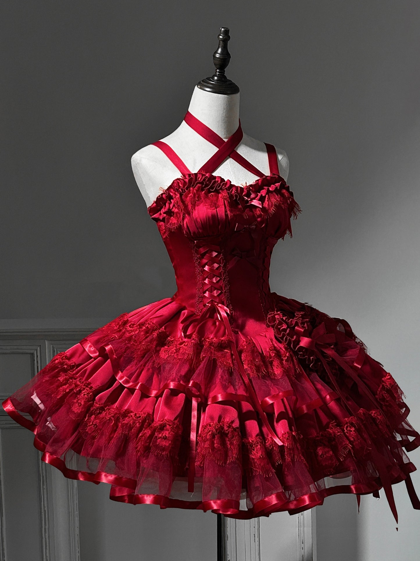 Glamorous A-Line Spaghetti Straps Ruffled Birthday Dress Bows Lace Tiered Red Homecoming Dress AP3265