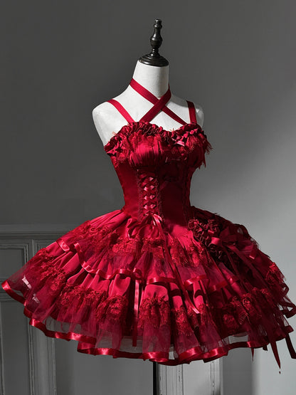 Glamorous A-Line Spaghetti Straps Ruffled Birthday Dress Bows Lace Tiered Red Homecoming Dress AP3265