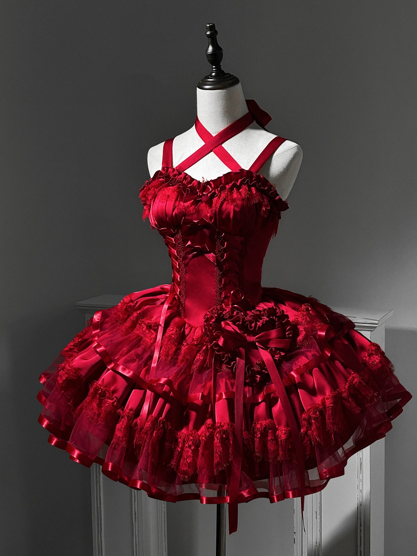 Glamorous A-Line Spaghetti Straps Ruffled Birthday Dress Bows Lace Tiered Red Homecoming Dress AP3265