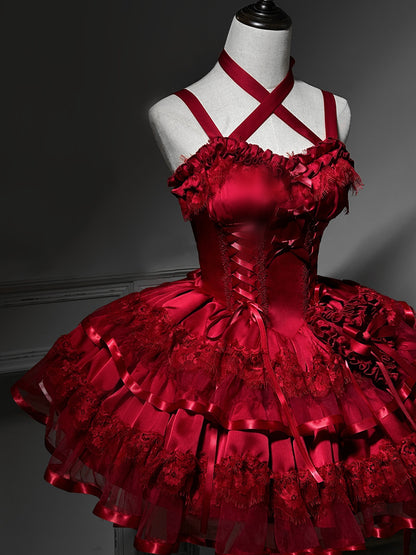 Glamorous A-Line Spaghetti Straps Ruffled Birthday Dress Bows Lace Tiered Red Homecoming Dress AP3265