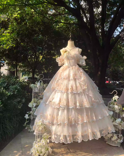 Dramatic Off-Shoulder A-Line Evening Gowns Embroidery Lace Bow Handmade Flowers Prom Dress AP3266