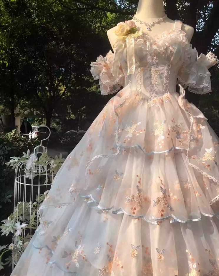 Dramatic Off-Shoulder A-Line Evening Gowns Embroidery Lace Bow Handmade Flowers Prom Dress AP3266