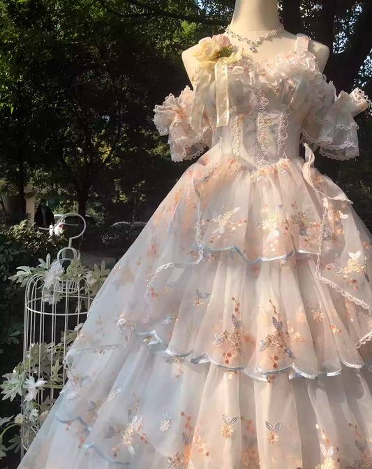 Dramatic Off-Shoulder A-Line Evening Gowns Embroidery Lace Bow Handmade Flowers Prom Dress AP3266