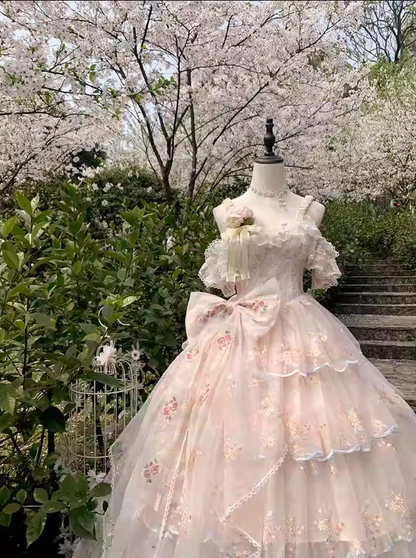 Dramatic Off-Shoulder A-Line Evening Gowns Embroidery Lace Bow Handmade Flowers Prom Dress AP3266