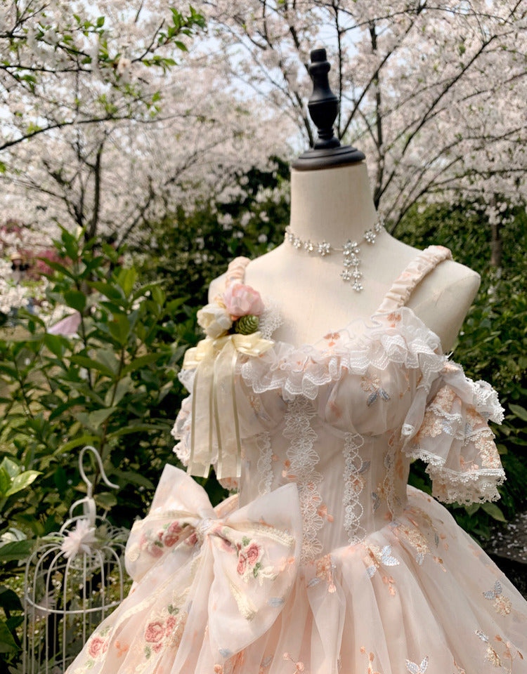 Dramatic Off-Shoulder A-Line Evening Gowns Embroidery Lace Bow Handmade Flowers Prom Dress AP3266