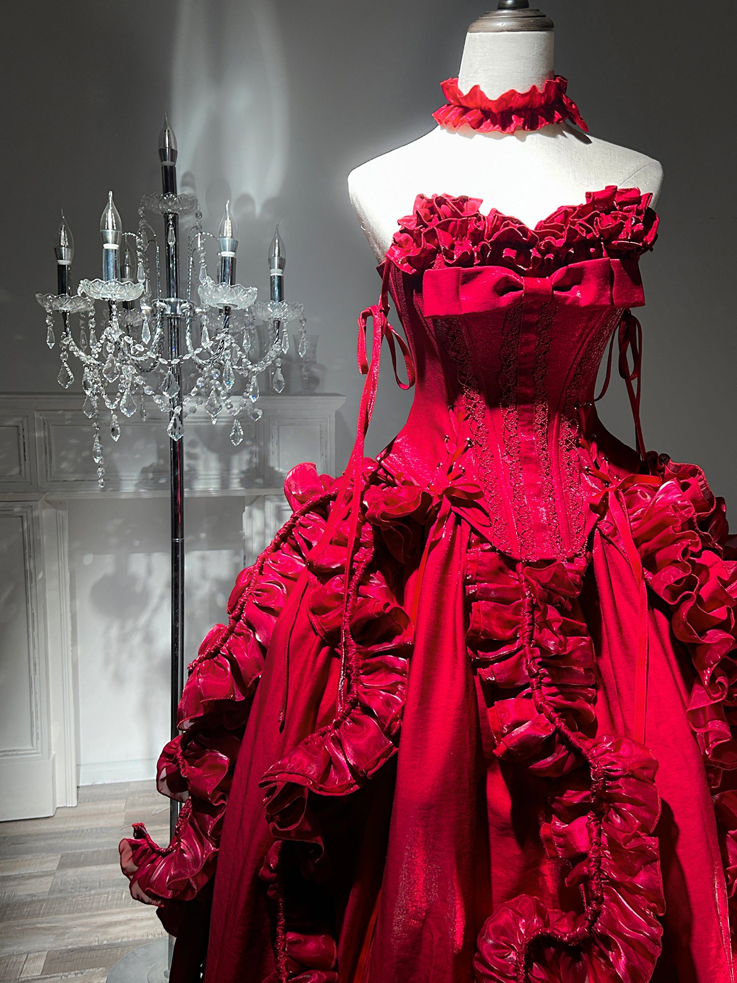 Adorable A-Line Strapless Red Sweet 16th Gowns Handmade Flowers Sequins Ruffled Prom Dress AP3275