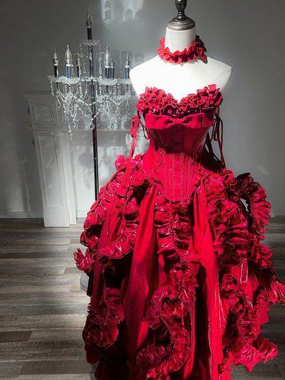 Adorable A-Line Strapless Red Sweet 16th Gowns Handmade Flowers Sequins Ruffled Prom Dress AP3275