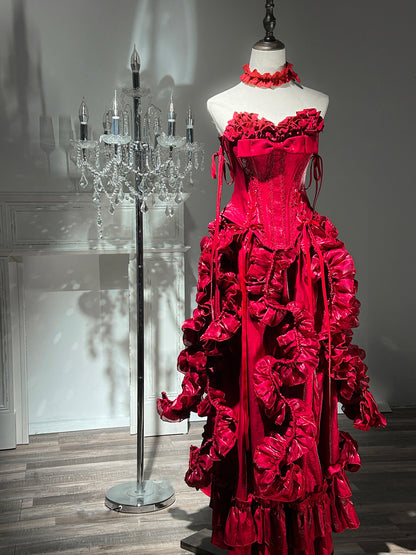 Adorable A-Line Strapless Red Sweet 16th Gowns Handmade Flowers Sequins Ruffled Prom Dress AP3275