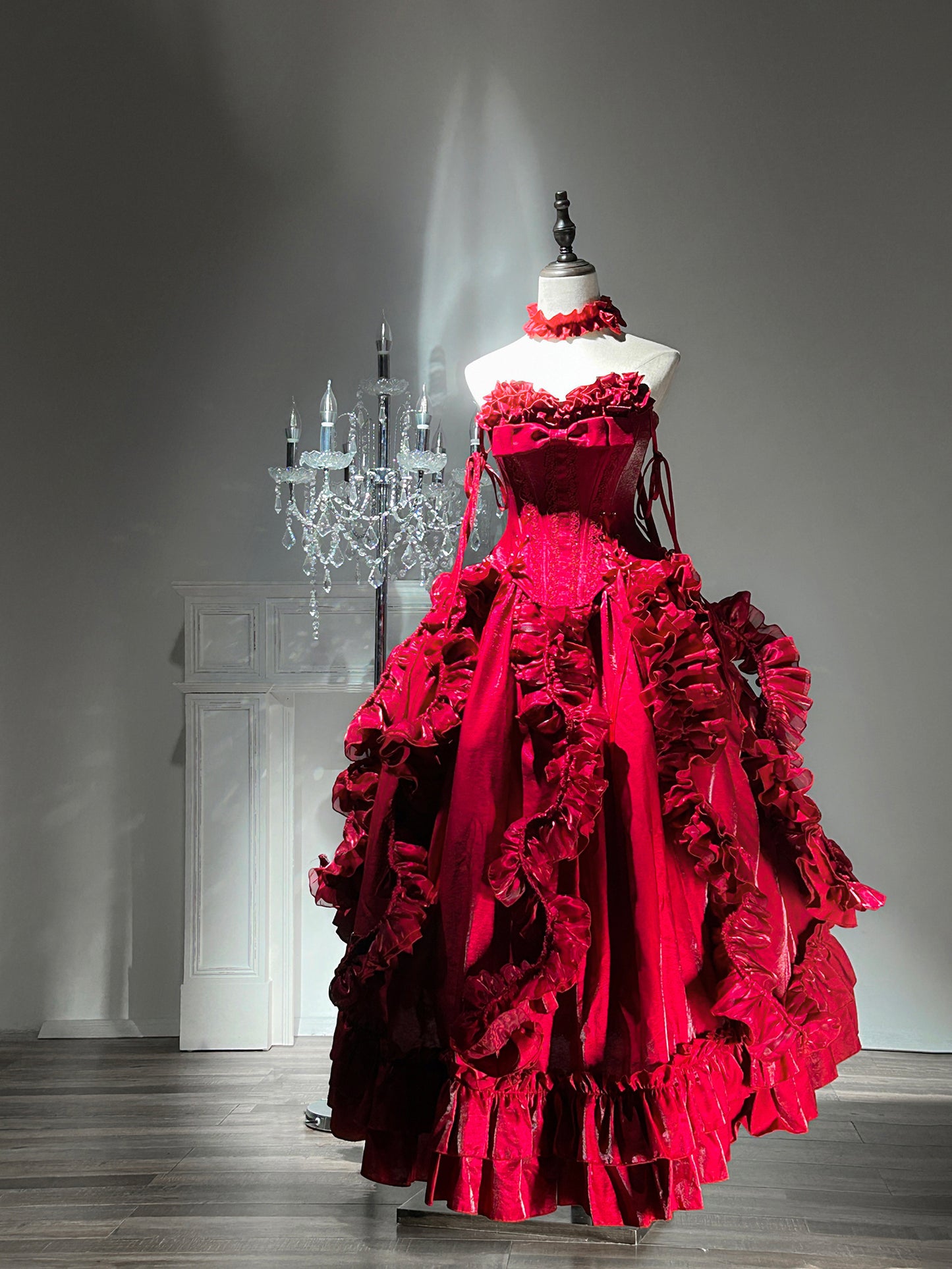 Adorable A-Line Strapless Red Sweet 16th Gowns Handmade Flowers Sequins Ruffled Prom Dress AP3275