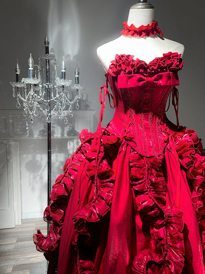 Adorable A-Line Strapless Red Sweet 16th Gowns Handmade Flowers Sequins Ruffled Prom Dress AP3275