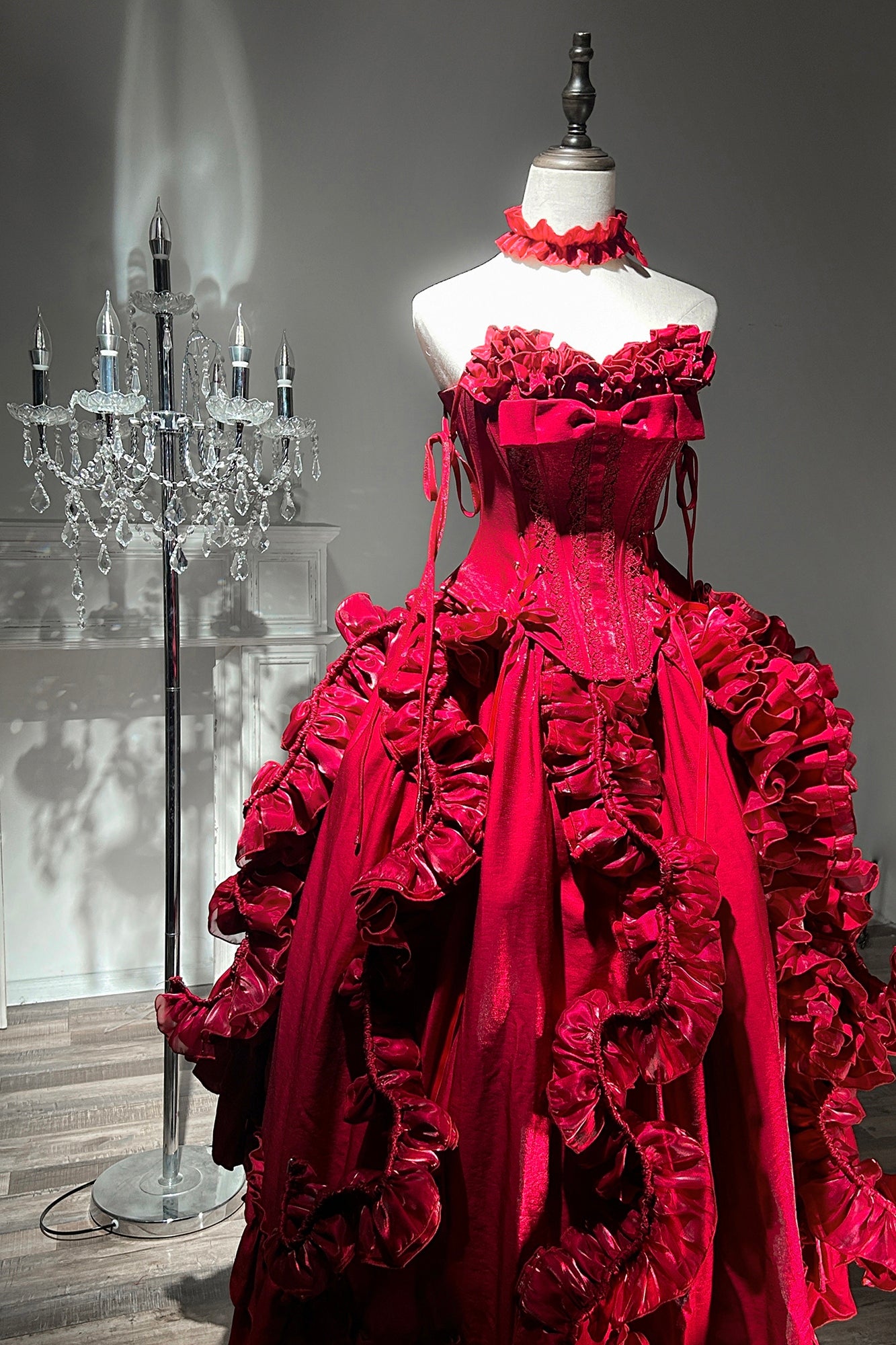 Adorable A-Line Strapless Red Sweet 16th Gowns Handmade Flowers Sequins Ruffled Prom Dress AP3275