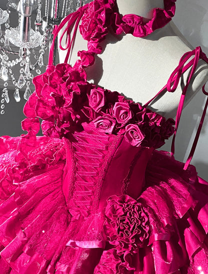 Fitted A-Line Spaghetti Straps Birthday Gowns Sequins Handmade Flowers Tiered Homecoming Dress AP3277