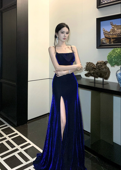 Sexy Spaghetti Strap Sheath Maxi Dress With High Slit Velvet Blue Long Dress AP3280