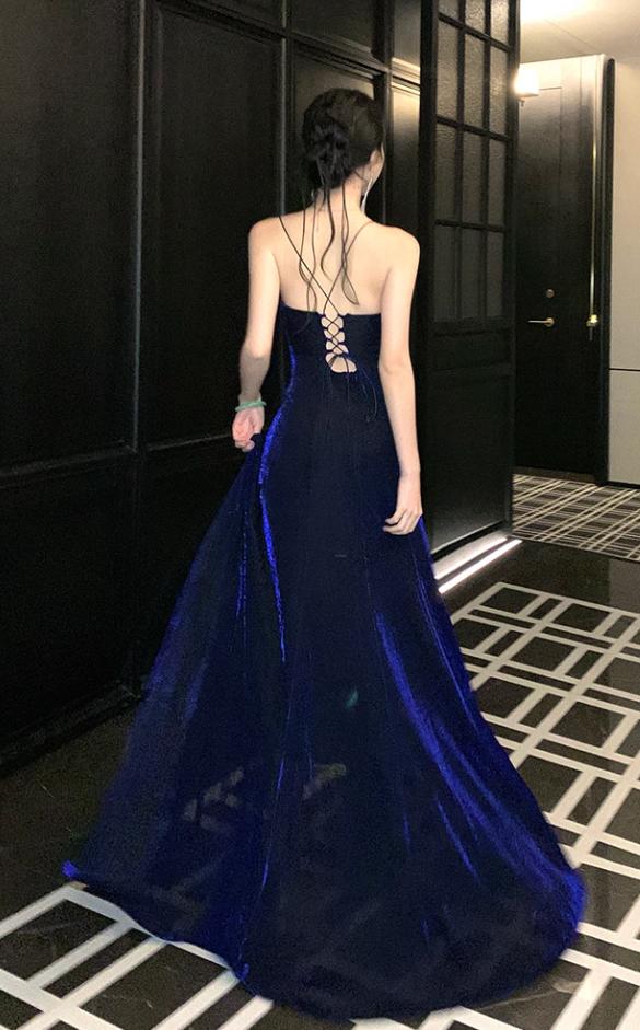 Sexy Spaghetti Strap Sheath Maxi Dress With High Slit Velvet Blue Long Dress AP3280
