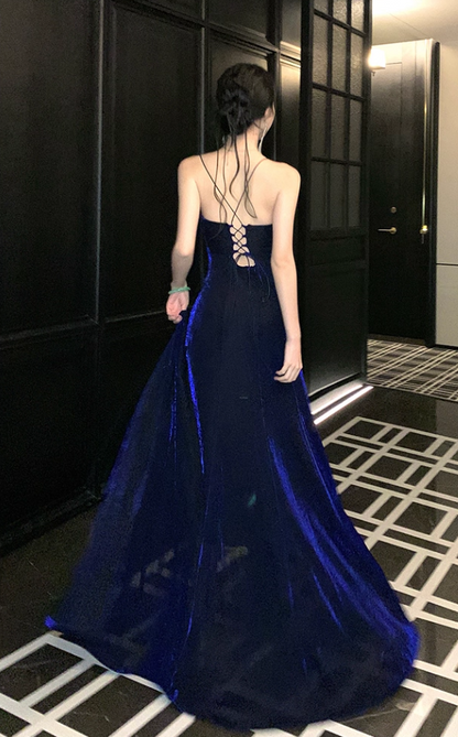 Sexy Spaghetti Strap Sheath Maxi Dress With High Slit Velvet Blue Long Dress AP3280