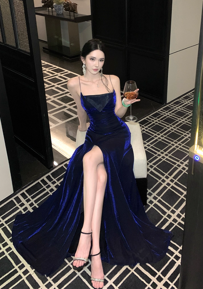 Sexy Spaghetti Strap Sheath Maxi Dress With High Slit Velvet Blue Long Dress AP3280
