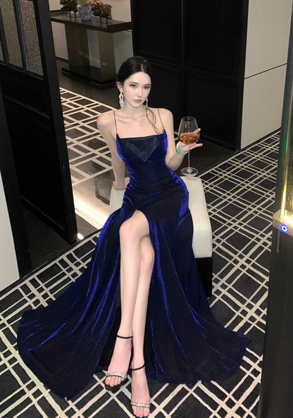 Sexy Spaghetti Strap Sheath Maxi Dress With High Slit Velvet Blue Long Dress AP3280