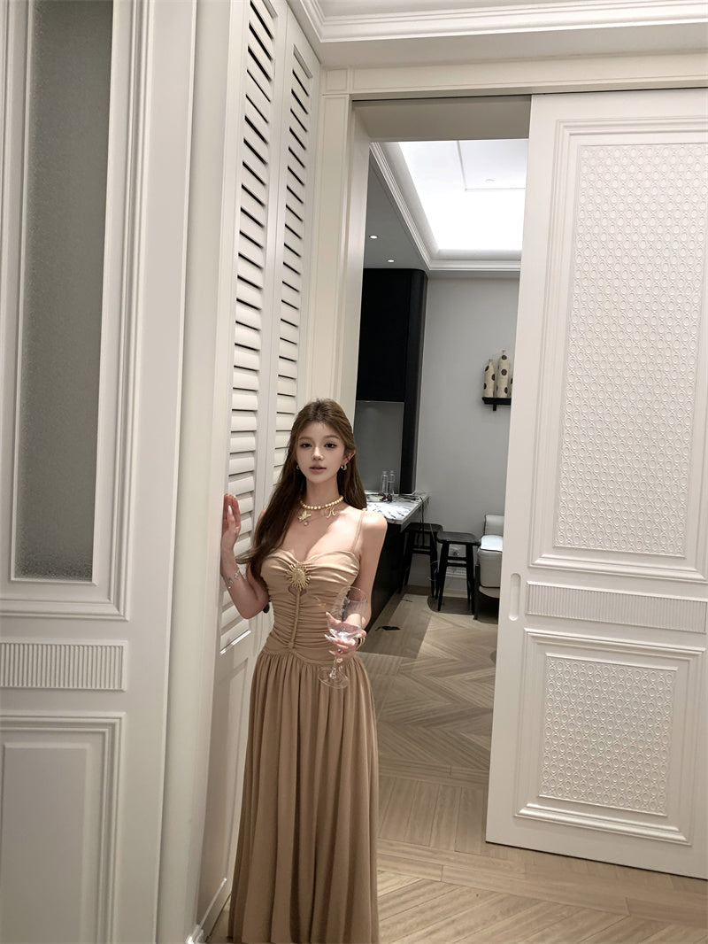 Alluring Spaghetti Strap A-Line Maxi Dress Cinched-Waist Flowy Cutout Long Dress AP3281