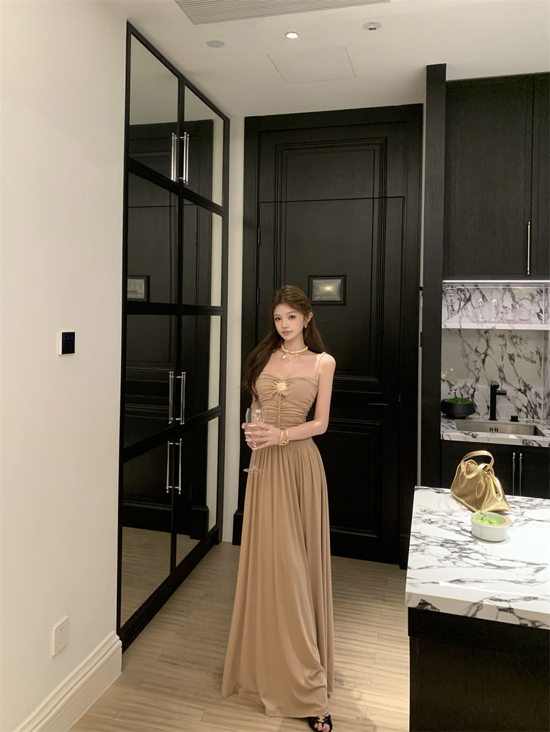 Alluring Spaghetti Strap A-Line Maxi Dress Cinched-Waist Flowy Cutout Long Dress AP3281