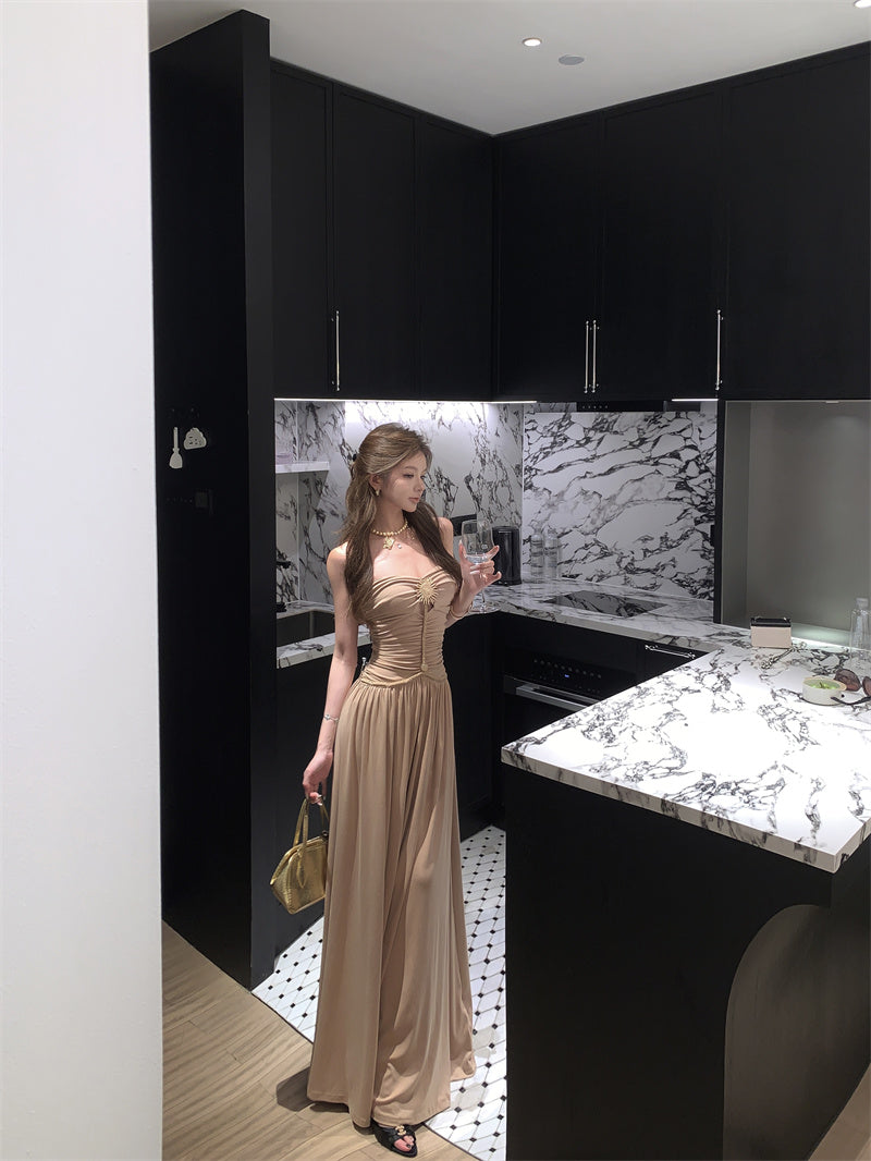 Alluring Spaghetti Strap A-Line Maxi Dress Cinched-Waist Flowy Cutout Long Dress AP3281