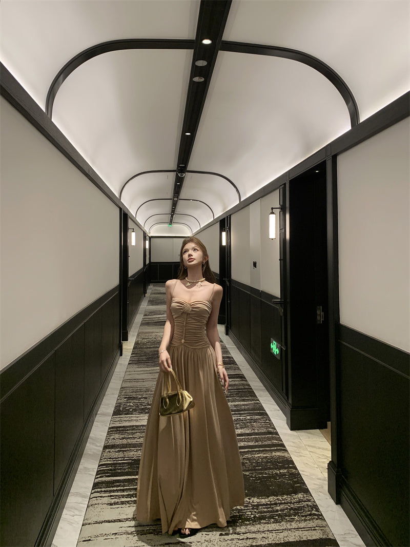 Alluring Spaghetti Strap A-Line Maxi Dress Cinched-Waist Flowy Cutout Long Dress AP3281