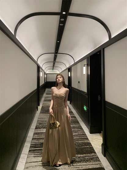 Alluring Spaghetti Strap A-Line Maxi Dress Cinched-Waist Flowy Cutout Long Dress AP3281