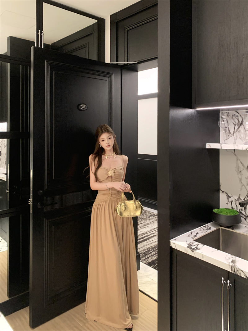 Alluring Spaghetti Strap A-Line Maxi Dress Cinched-Waist Flowy Cutout Long Dress AP3281