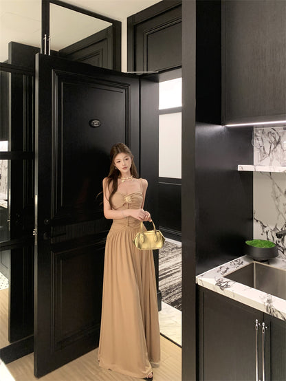 Alluring Spaghetti Strap A-Line Maxi Dress Cinched-Waist Flowy Cutout Long Dress AP3281