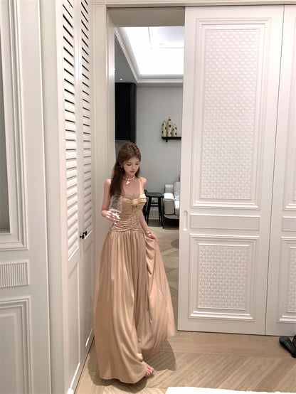 Alluring Spaghetti Strap A-Line Maxi Dress Cinched-Waist Flowy Cutout Long Dress AP3281