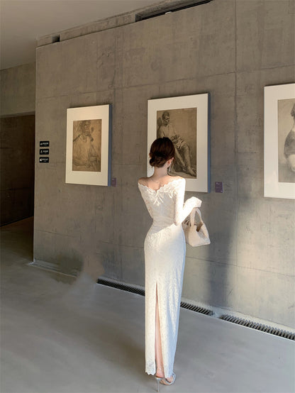 French Style V-Neck Sheath Maxi Skirt Lace Back Slit Long Sleeve Long Dress AP3282