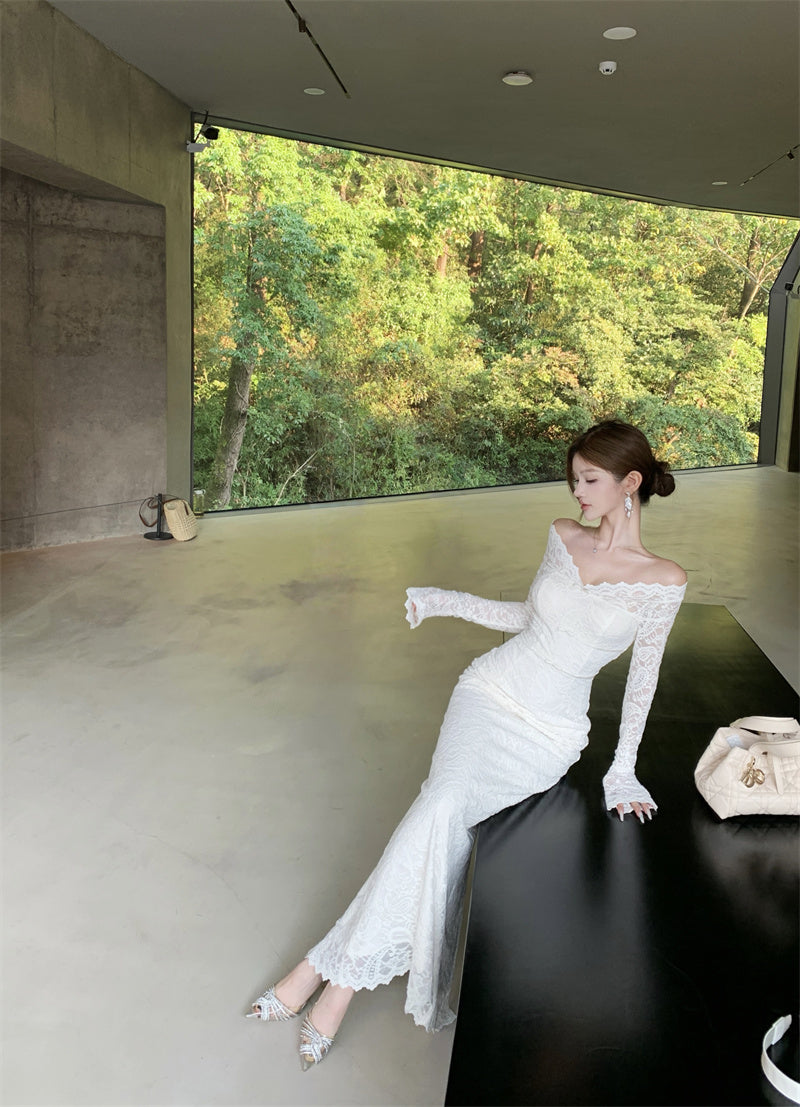 French Style V-Neck Sheath Maxi Skirt Lace Back Slit Long Sleeve Long Dress AP3282