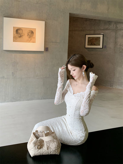 French Style V-Neck Sheath Maxi Skirt Lace Back Slit Long Sleeve Long Dress AP3282