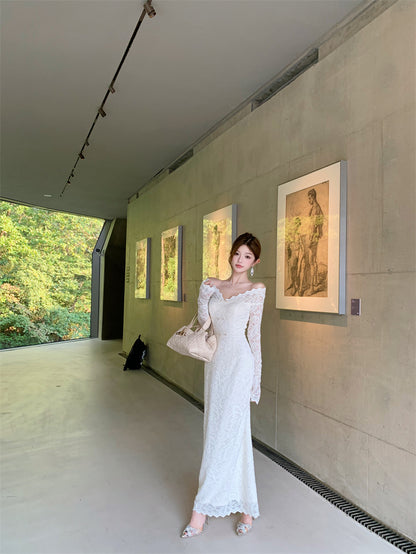 French Style V-Neck Sheath Maxi Skirt Lace Back Slit Long Sleeve Long Dress AP3282