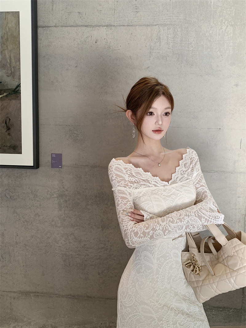 French Style V-Neck Sheath Maxi Skirt Lace Back Slit Long Sleeve Long Dress AP3282