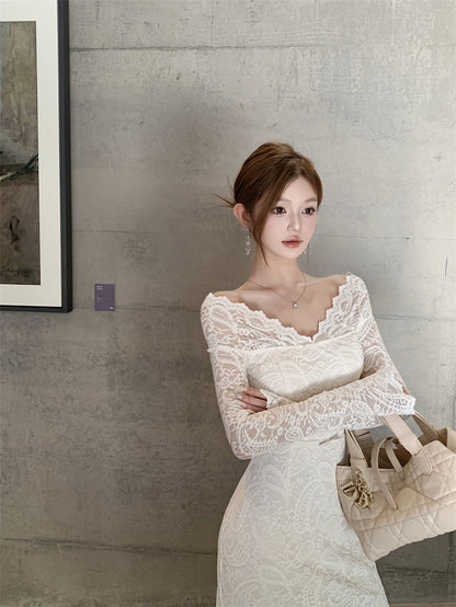 French Style V-Neck Sheath Maxi Skirt Lace Back Slit Long Sleeve Long Dress AP3282