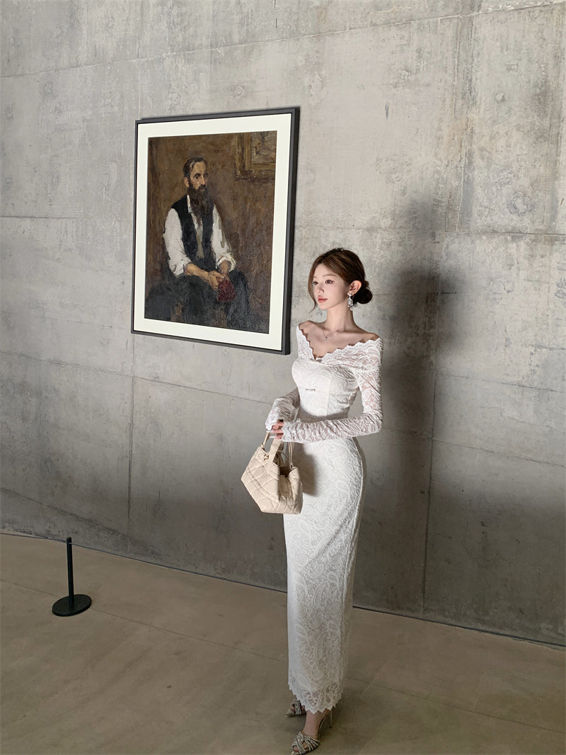 French Style V-Neck Sheath Maxi Skirt Lace Back Slit Long Sleeve Long Dress AP3282