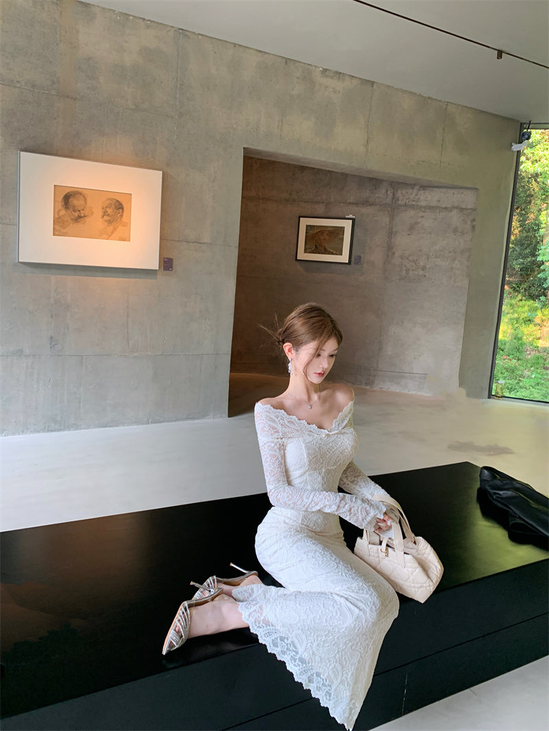 French Style V-Neck Sheath Maxi Skirt Lace Back Slit Long Sleeve Long Dress AP3282