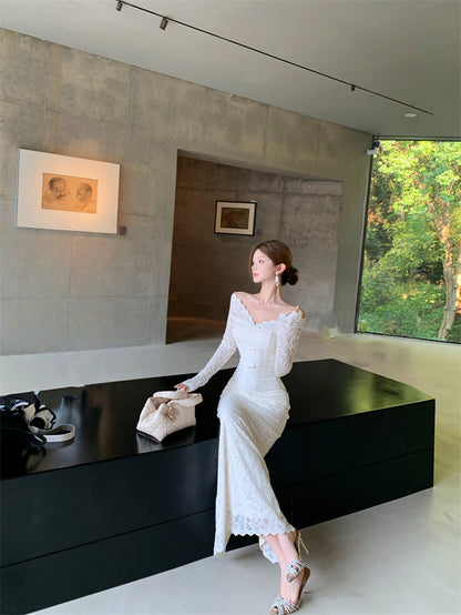 French Style V-Neck Sheath Maxi Skirt Lace Back Slit Long Sleeve Long Dress AP3282